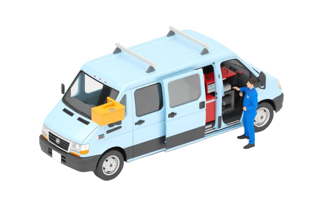 Camioneta y técnico de Refri Alex llegando al servicio